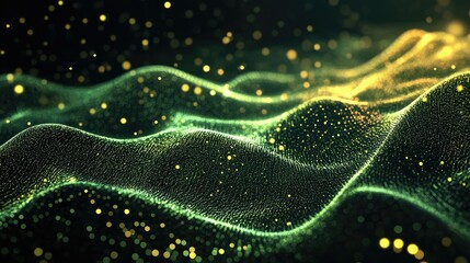 Abstract high-tech mesh with glowing particles and waveforms representing digital transformation and processes