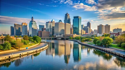 Obraz premium Forced perspective image of Schuylkill River flowing through downtown Philadelphia PA