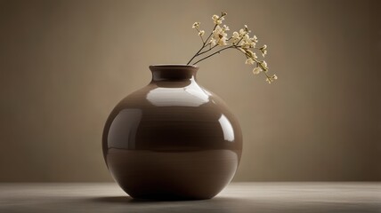 A single branch of delicate white flowers in a brown ceramic vase on a wooden table against a brown background.