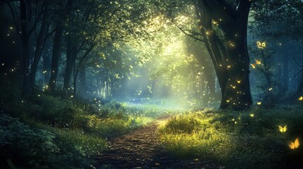 Obraz premium Enchanted forest path with glowing butterflies.