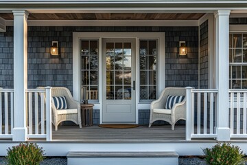New England Beach House Front Porch with Grey Shingle Siding, White Trim, and Accent Chairs