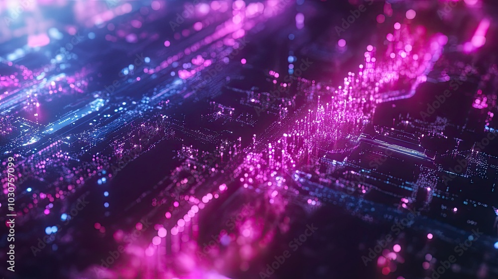 Poster abstract holographic interface with glowing data streams and digital particles representing advanced