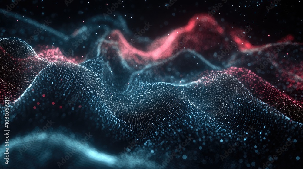 Poster abstract network of glowing digital particles and waveforms symbolizing the future of tech processes
