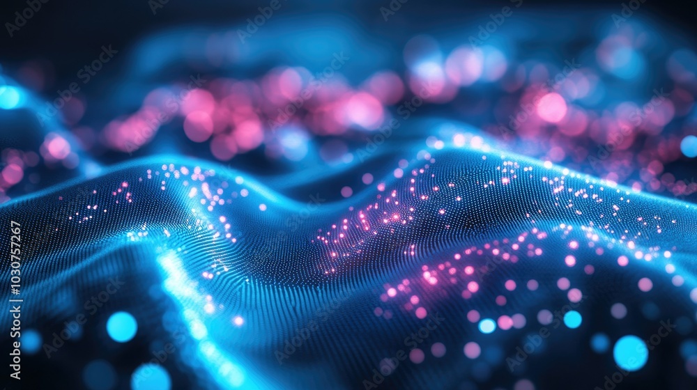 Poster abstract network of glowing digital particles and waveforms symbolizing the future of tech processes