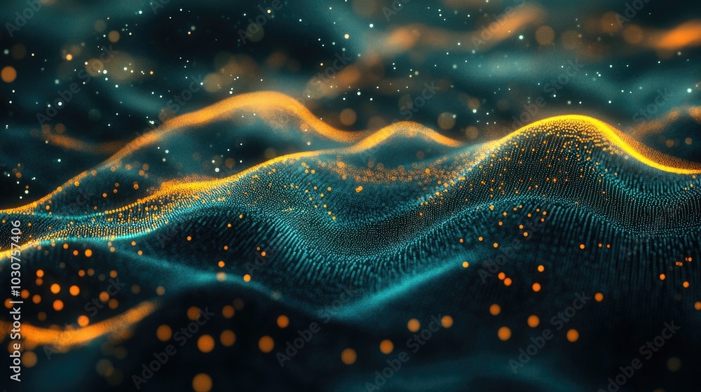 Poster abstract network of glowing digital particles and waveforms representing tech infrastructure and pro