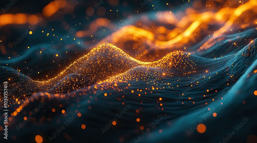 Poster abstract network of glowing digital particles and waveforms representing tech infrastructure and pro