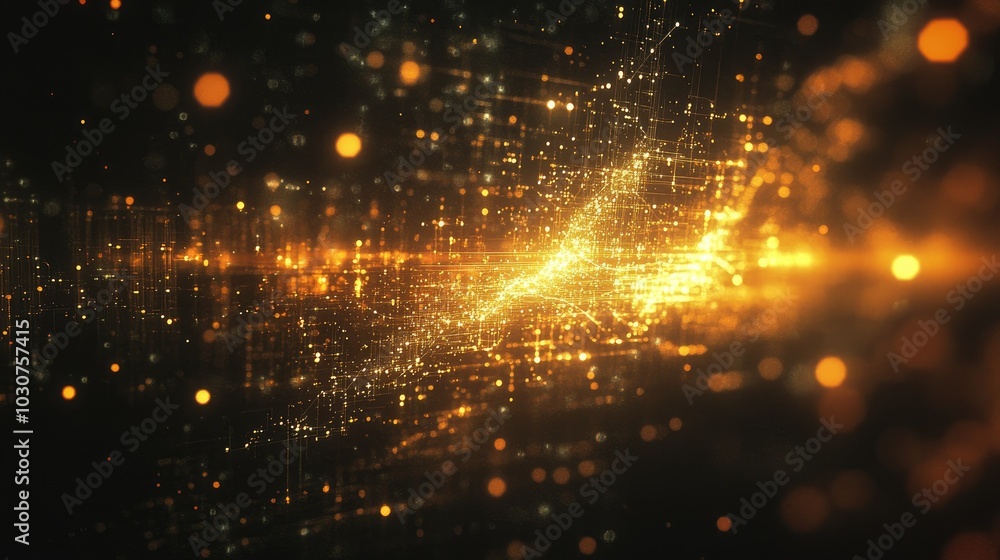 Poster abstract network of glowing digital particles and waveforms representing tech infrastructure and pro