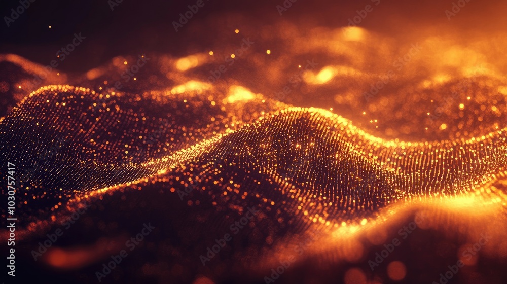 Poster abstract network of glowing digital particles and waveforms representing tech infrastructure and pro