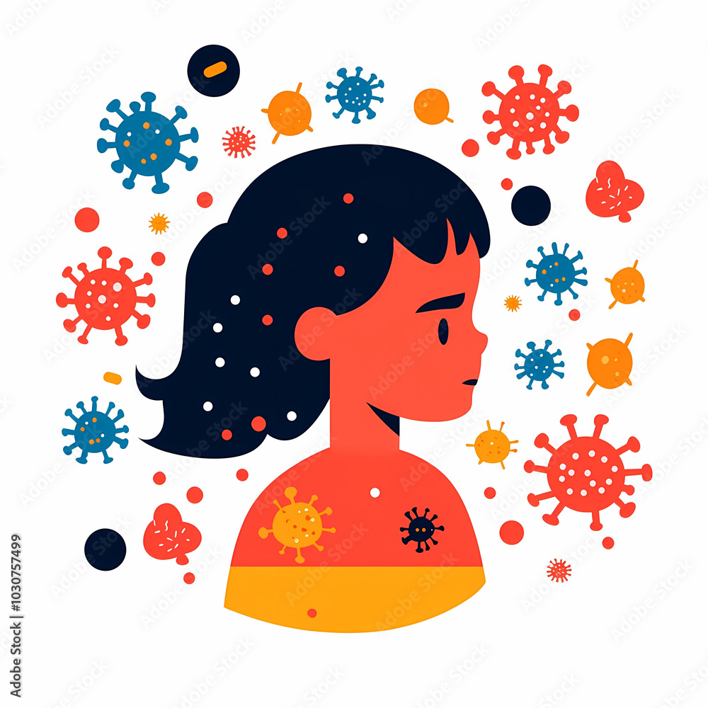 Poster child with thoughtful expression surrounded by colorful virus particles, illustrating concept of hea