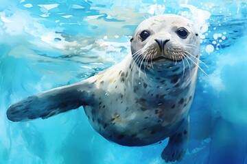 Fototapeta premium Seal animal mammal blue, digital paint illustration.