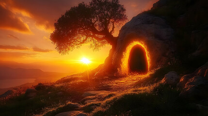 A glowing cave entrance at sunset with a lone tree nearby.