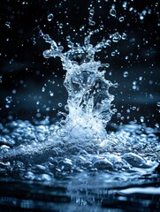 Water droplets splashing are frozen mid motion in this close up shot, emphasizing the intricate, flowing patterns of liquid against a soothing blue backdrop.