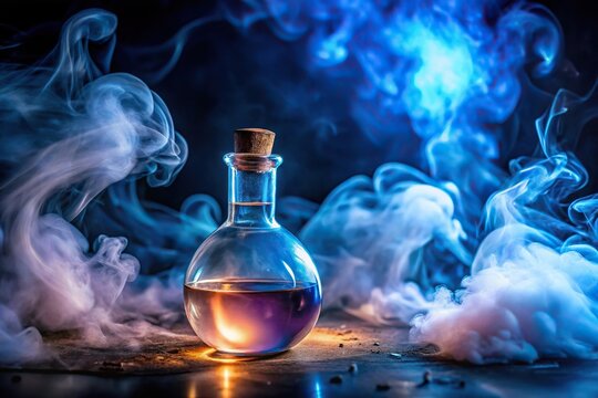 Forced perspective mystical elixir in glowing potion with enigmatic smoke