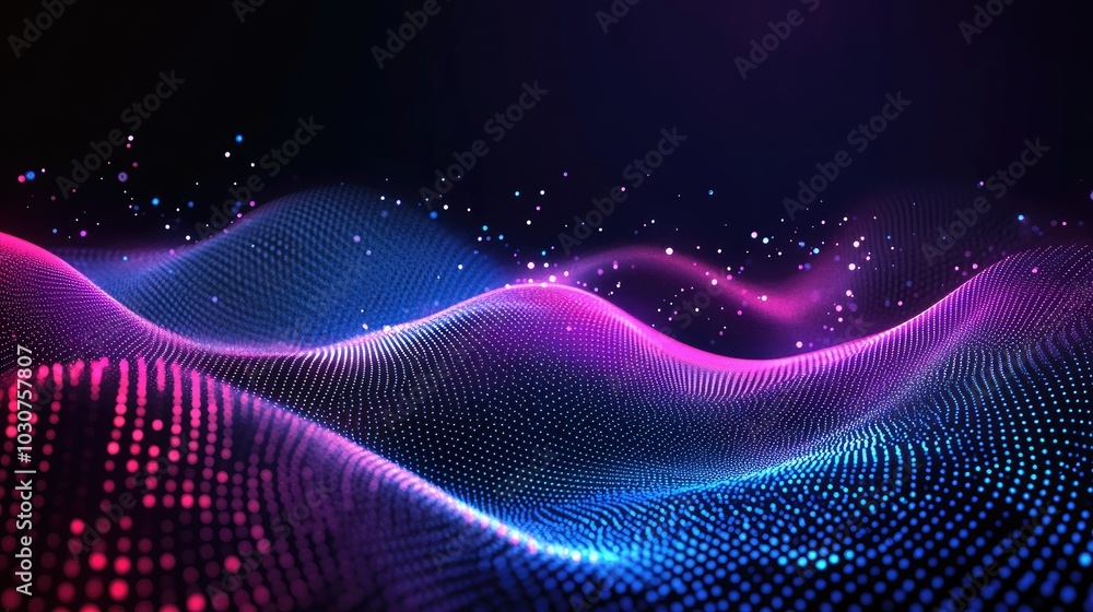 Poster abstract waveforms and grids with glowing particles representing digital signal processing and techn