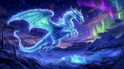 Majestic ice dragon soaring through a glittering night sky, vibrant auroras illuminating the frozen landscape, shimmering ice formations beneath its powerful wings.