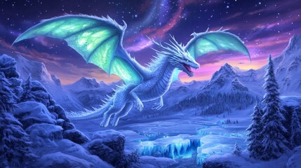 Naklejka premium Majestic ice dragon soaring over a frozen landscape, glowing blue wings capturing ethereal light, surrounded by snow-capped mountains and a starry twilight sky.