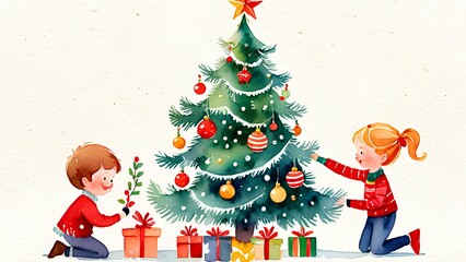 A charming watercolor illustration showing children joyfully decorating a Christmas tree, radiating festive warmth and holiday cheer.