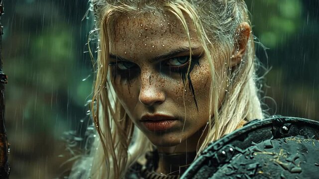 A warrior woman stands in the rain, her face painted with fierce determination