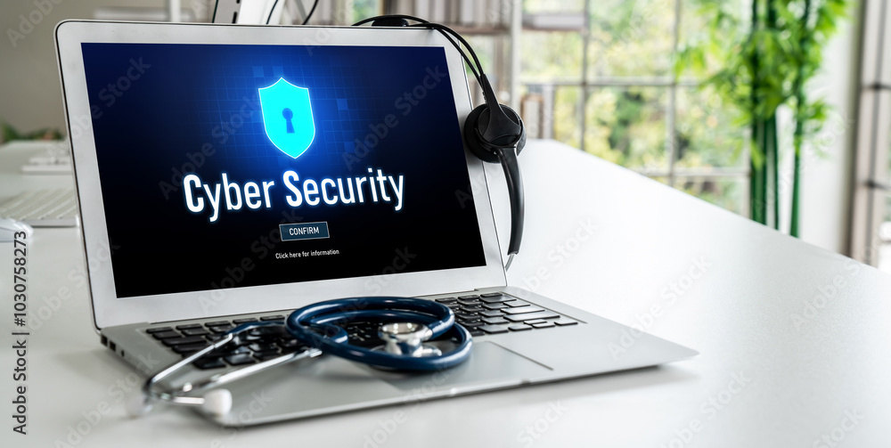Poster cyber security system on computer screen protect private information snugly from hacker and cyber at