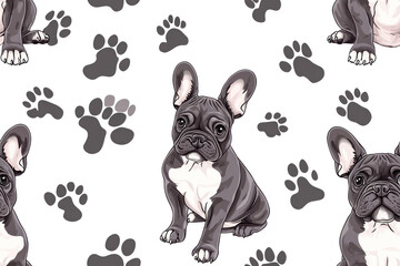 French bulldog with footprint seamless background repeating pattern.