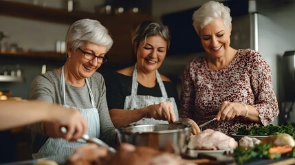 Three women joyfully preparing food together in a kitchen, showcasing teamwork and the joy of cooking.