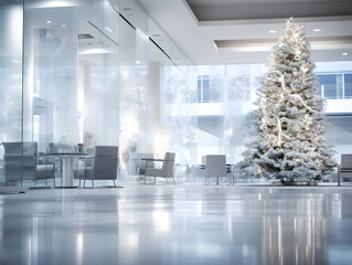 Modern office space is decorated for the holidays with a Christmas tree, lights and festive mood in a blurred foggy winter environment.