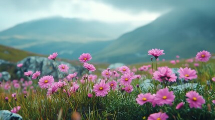 Fototapeta premium Pink Wildflowers in Mountain Landscape