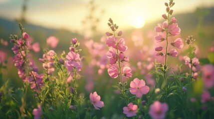 Sunlit Pink Wildflowers in Bloom