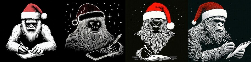 Fototapeta premium Bigfoot in a santa hat journaling with calm focus
