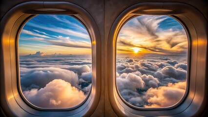 Forced perspective of serene cloudscape viewed through twin airplane windows at dawn