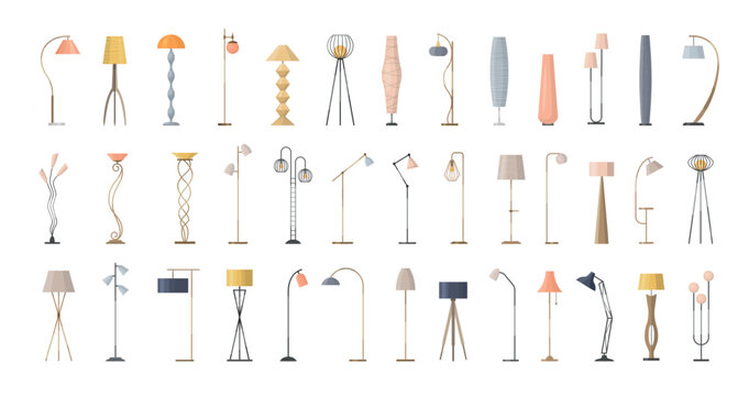 Interior lamp. House design decoration with floor lamp modern lights recent vector illustrations set