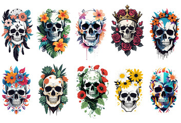 Tropical Floral Skull – Exotic Skull Design with Lush Flowers and Leaves
