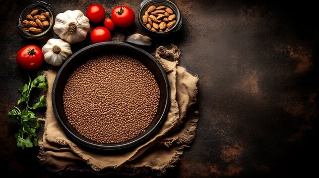 Raw buckwheat groats in a black bowl on a rustic background with tomatoes, garlic, and almonds.