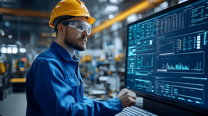 Worker analyzing data on a computer in an industrial setting.