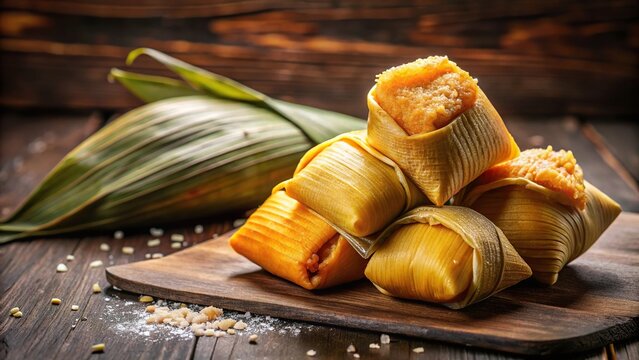 Forced perspective Peruvian sweet humitas served on a black plate on a wooden background detail shot green tamale