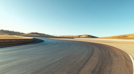 Naklejka premium Empty race track under clear skies with winding curves and copy space for text, no cars or people in view