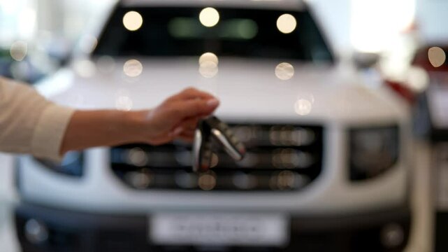 Customer female hands giving money to male car seller in auto dealership, receiving keys in return. Closeup process transaction involves white suv, marking completion of purchase, slow motion, closeup