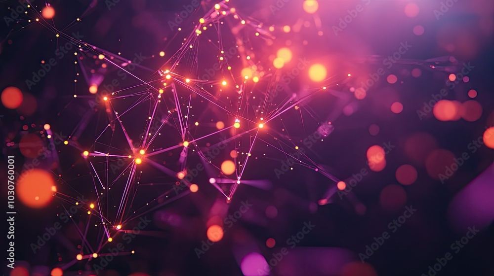 Poster futuristic data network with abstract geometric shapes and glowing nodes representing technological 