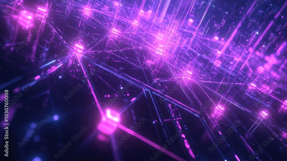 Poster futuristic data network with abstract geometric shapes and glowing nodes representing technological 