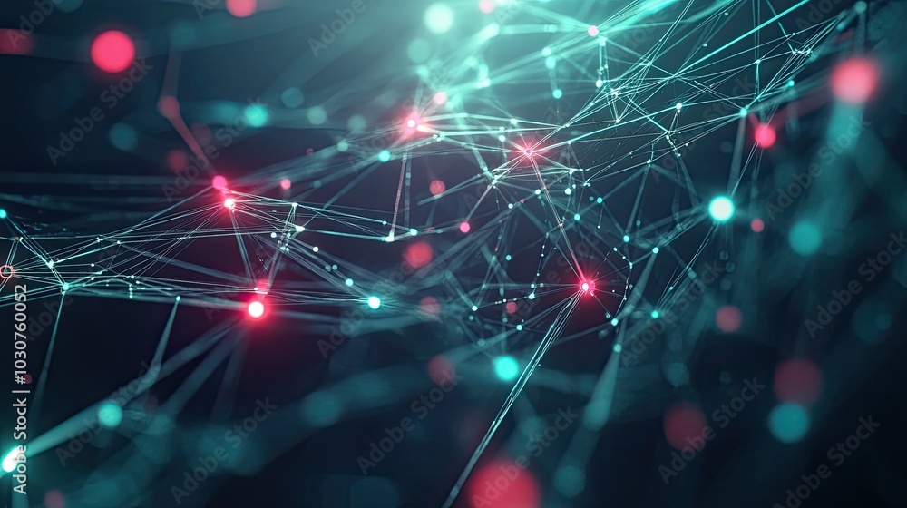 Poster futuristic data network with abstract geometric shapes and glowing nodes representing technological 