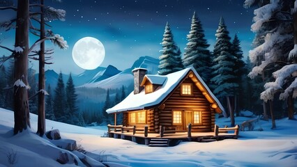 Naklejka premium a warm cabin in the snowy woods