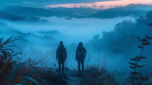 A photo of two people standing on a trail at dusk, surrounded by majestic foggy views. The image embodies teamwork, friendship, and the pursuit of success, showcasing their shared journey. High