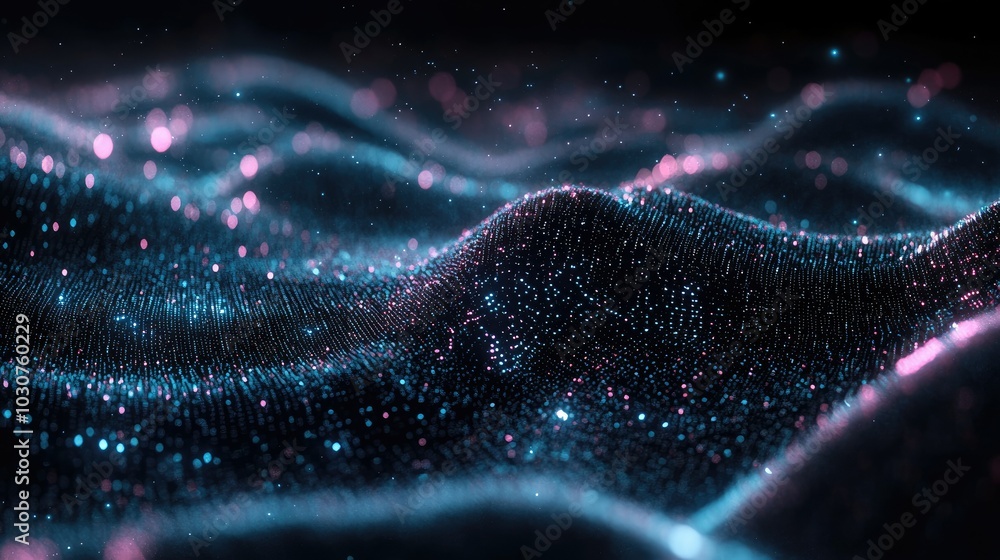 Poster futuristic digital environment with glowing particles and waveforms symbolizing tech innovation and 