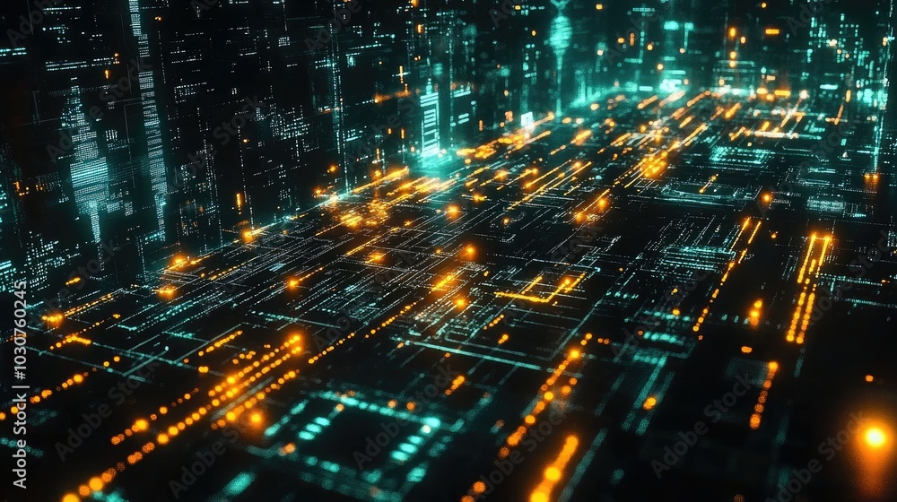 Poster futuristic digital grid with glowing circuits and nodes symbolizing the future of technological proc