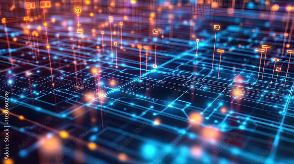 Poster futuristic digital grid with glowing circuits and nodes symbolizing the future of technological proc