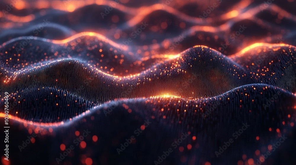 Poster futuristic digital grid with glowing data waves and abstract particles for modern technological proc