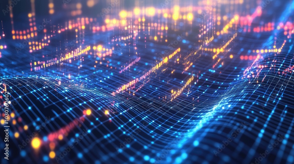 Poster futuristic digital grid with glowing data waves and abstract particles for modern technological proc