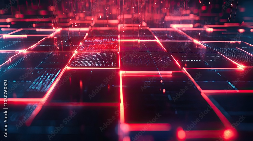 Poster futuristic digital grid with glowing lines and floating particles symbolizing technological advancem
