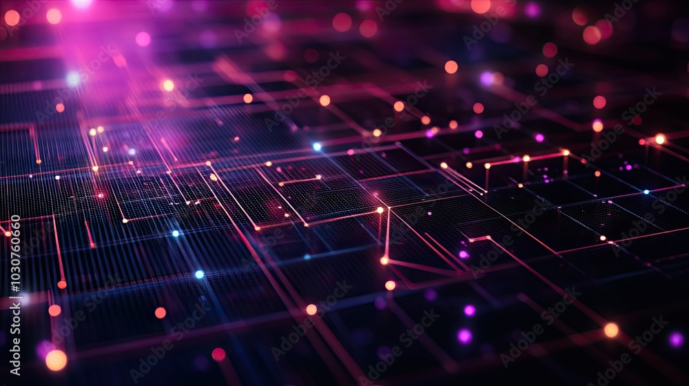 Poster Futuristic digital grid with glowing lines and floating particles symbolizing technological advancements and processes