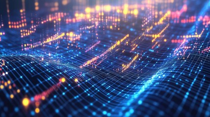 Fototapeta premium Futuristic digital grid with glowing data waves and abstract particles for modern technological processes